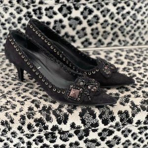 Vintage  Prada Crystal Embellished Black Suede Pumps US 7/ IT 37